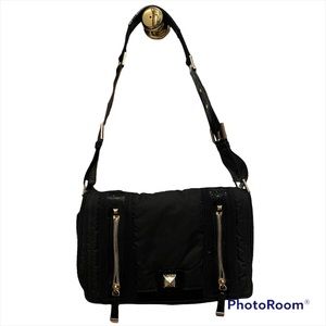 L.A.M.B Black Nylon and Patent Expandable Messenger Bag